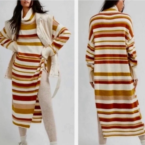 Free People Beach Atlas Pullover Turtleneck Sweater Dress Stripe Bronze Combo - Picture 1 of 9